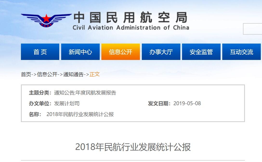 民航局公布2018年民航行业发展统计公报