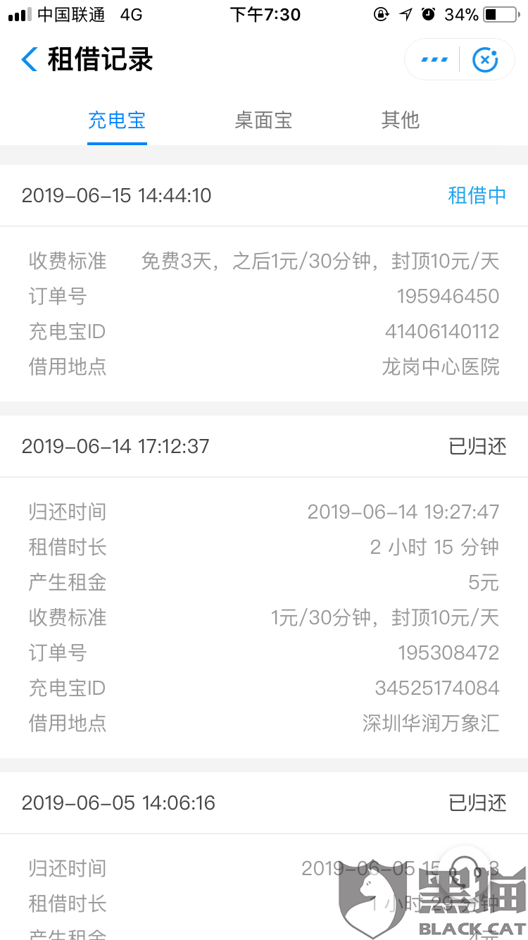 黑猫投诉：已归还充电宝，来电科技未结束订单