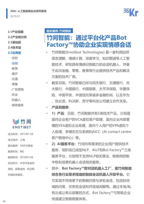 竹间智能案例入选36kr《人工智能商业化研究报告