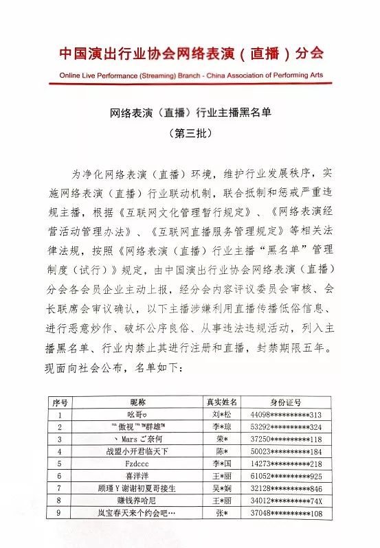 演出行业协会发布第三批主播黑名单 “乔碧萝”等在列