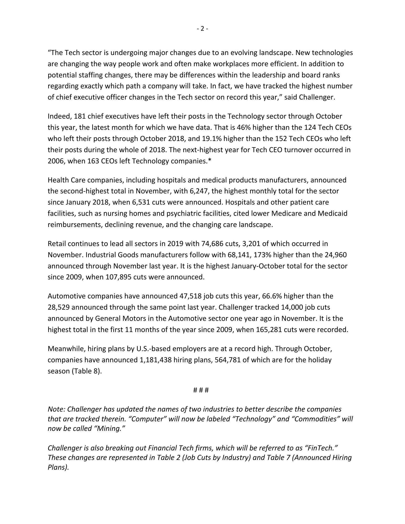 Challenger报告：2019年11月美国科技业共宣布裁员