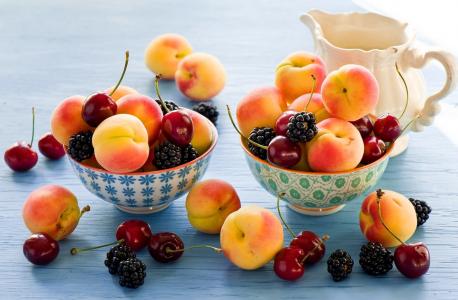 美味，构图别致，美女，杏，樱桃，美女，碗，黑莓