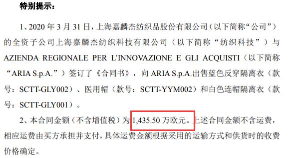 嘉麟杰全资子公司纺织科技签订重大合同合同金额1436万欧元