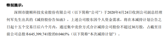 捷顺科技股东何军拟减持股份预计减持不超总股本0.05%