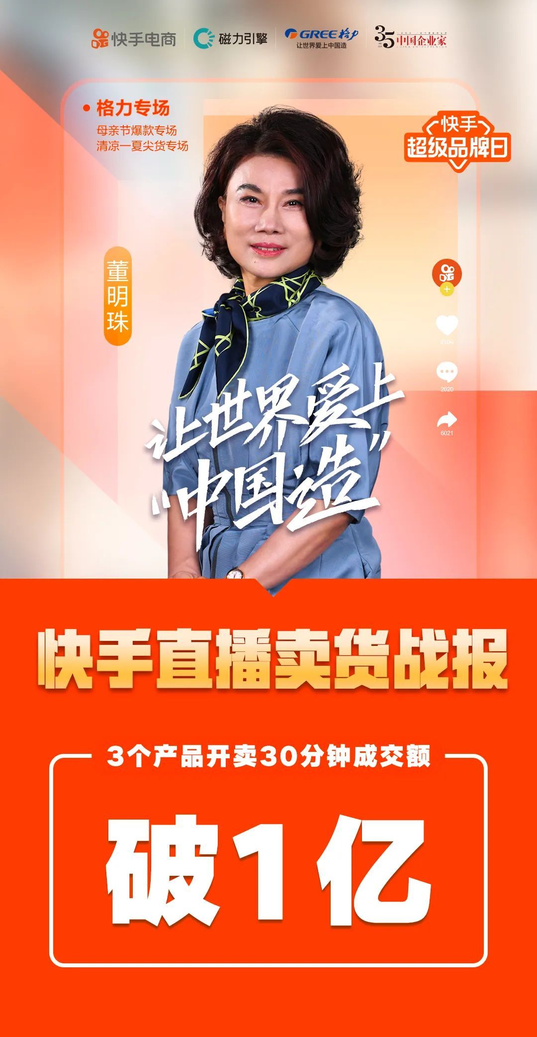 董明珠二次直播选快手，30分钟卖了一个亿