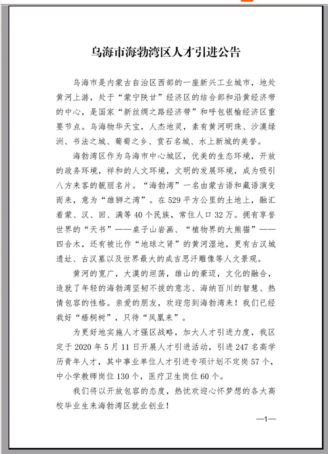 2020乌海市海勃湾区人才引进247人