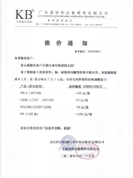 行业巨头官宣涨价，股价飙涨创近期新高，需求回暖+原材料涨价助推覆铜板价格走高，有望带动行业普涨，受益