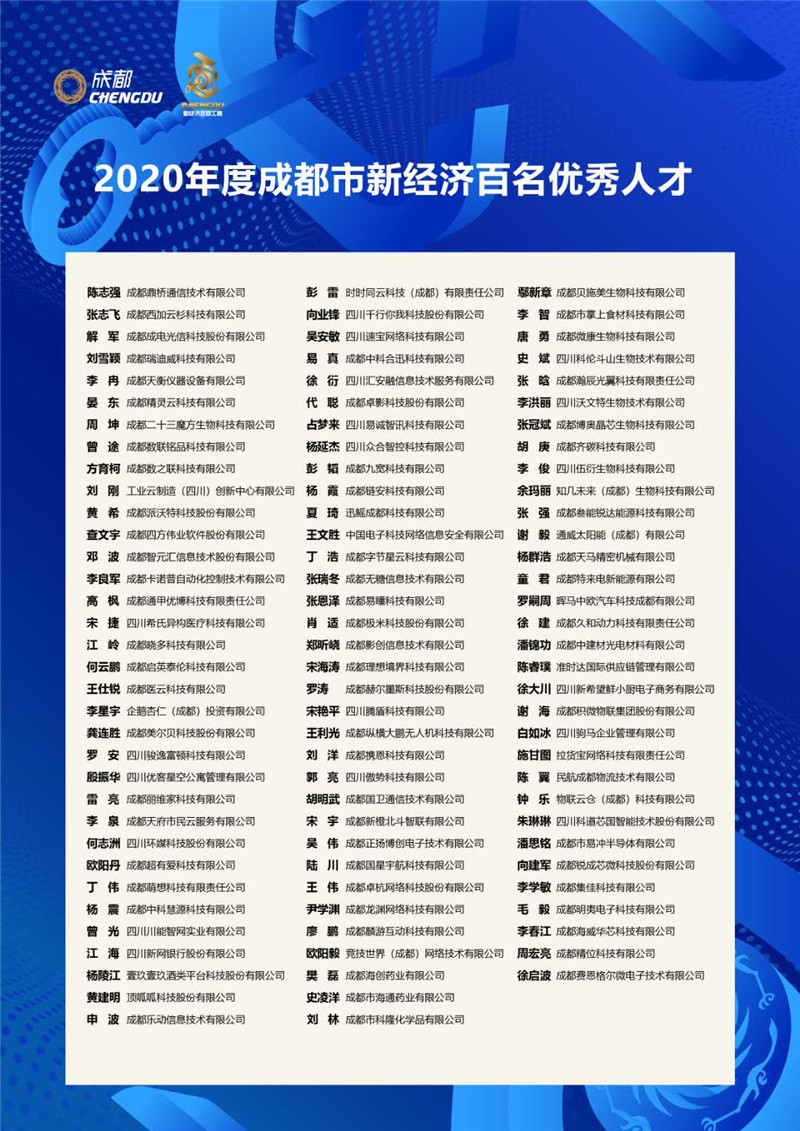 成都新经济“双百工程”重点培育企业、百名新经济优秀人才名单出炉