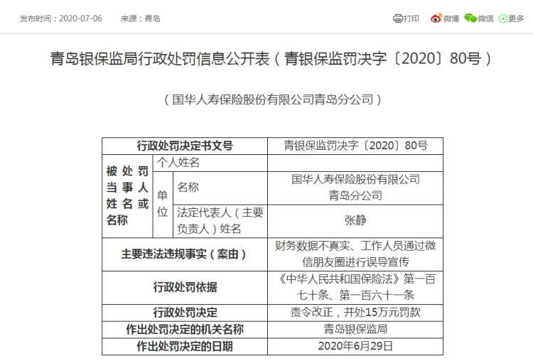 微信朋友圈卖保险吃了万元罚单！青岛国华人寿