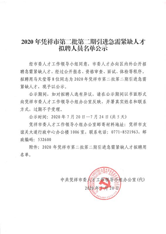 2020广西崇左凭祥市第二期引进急需紧缺人才拟聘