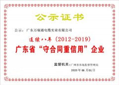 万瑞通电缆连续八年荣获“广东省守合同重信用