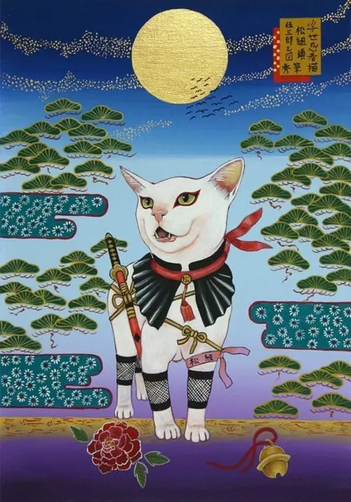 田中秀治的忍者猫绘画充满了浮世绘的场景风格。